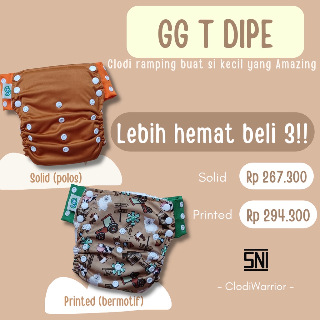 GG T DIPE Clodi Celana type Pocket Inner Gusset Cegah Bocor Cepat Kering Popok Kain Bayi Cuci Ulang BB 8-20 kg