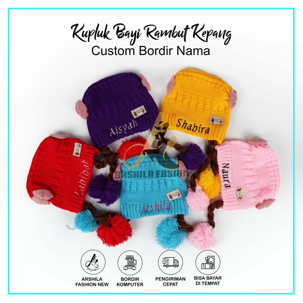 Topi  Bayi Kupluk Rambut Kepang Motif Pita / Baby Hat Wig / Topi Bayi Rambut