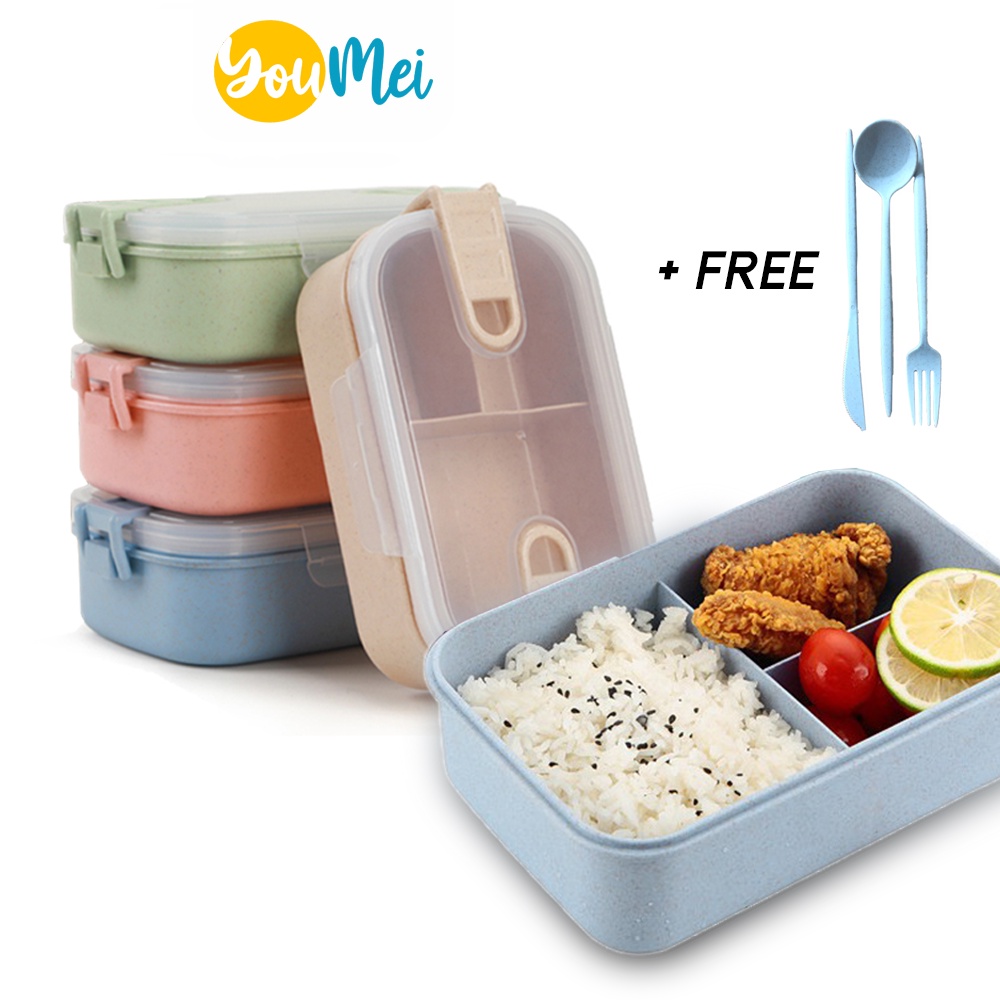 Kotak Bekal Set Dengan Alat Makan Cutlery Sendok Garpu / Lunch Box /Tempat Bekal Makanan Bersekat / Double Button Lunch Box Warna Warni - 1207