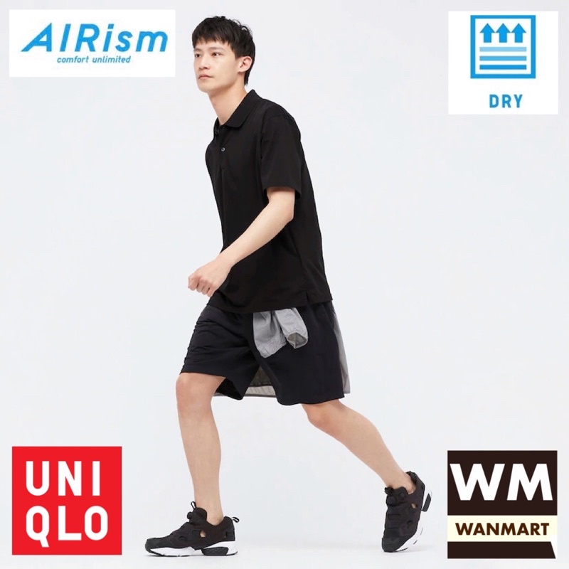 UNIQLO Men AIRism Kaos Polo Shirt Pria Kerah Reguler Lengan Pendek Black