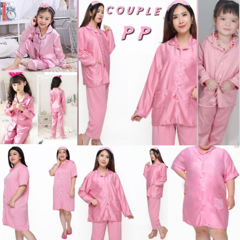 PIYAMA POLOS LENGAN PANJANG/BAJU TIDUR SATIN COUPLE IBU DAN ANAK WARNA PINK