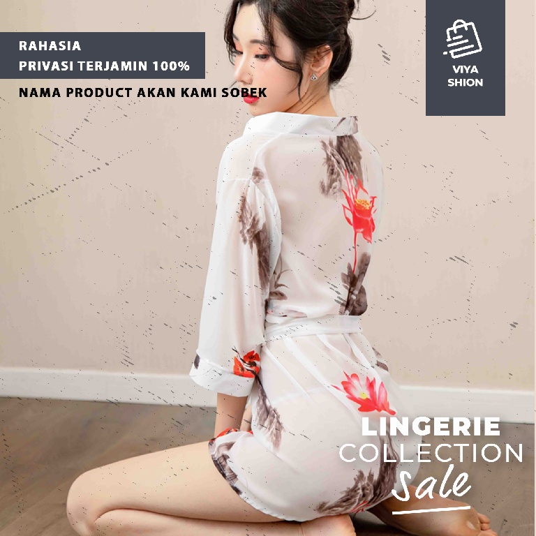 Kimono Lingerie Set Dress Gaun Piyama Baju Tidur Sexy Wanita Seksi Bunga Putih Flowers Cosplay Hot Dewasa Premium-7