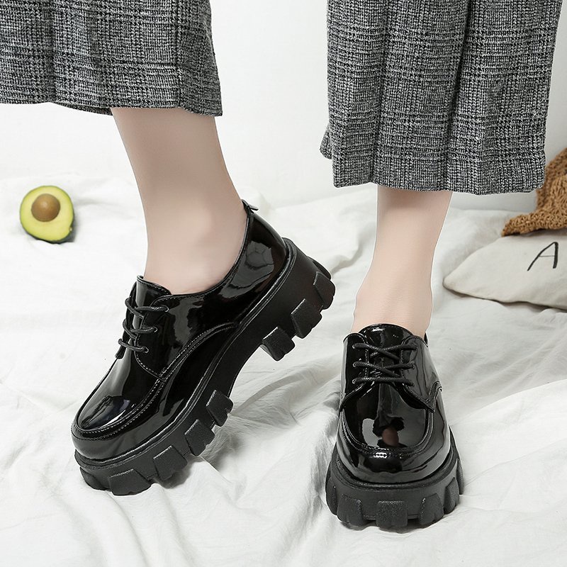 Sepatu Oxford Derby Hak Tinggi Wanita Flatform Ankle Boots Platform Shoes Heels Bot Import Kulit Hitam Black - Ukuran 35 36 37 38 39 40