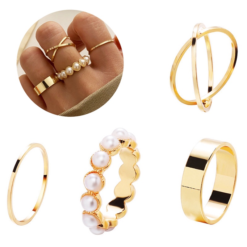 Fancyqube 4Pcs / Set Cincin Emas Mutiara Bintang Gaya Retro Untuk Aksesoris Wanita