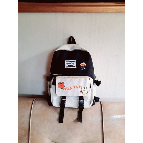 BIG RAMADHAN SALE TAS RANSEL WANITA KOREAN STYLE/HARAJUKU STYLE/TAS SEKOLAH SD SMP SMA #TASGAMBARMILKTEA-Milk Tea Black