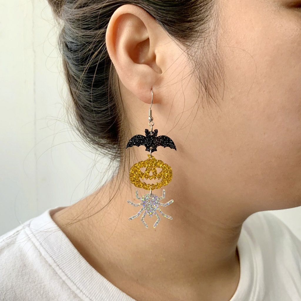 Hu Hu Hu Hu Hu Alat Bantu Pasang Kacamata♡ 1 Pasang Anting Kait Panjang Bentuk Kelelawar Labu Laba-Laba Bahan Akrilik Glitter Untuk Pesta Halloween