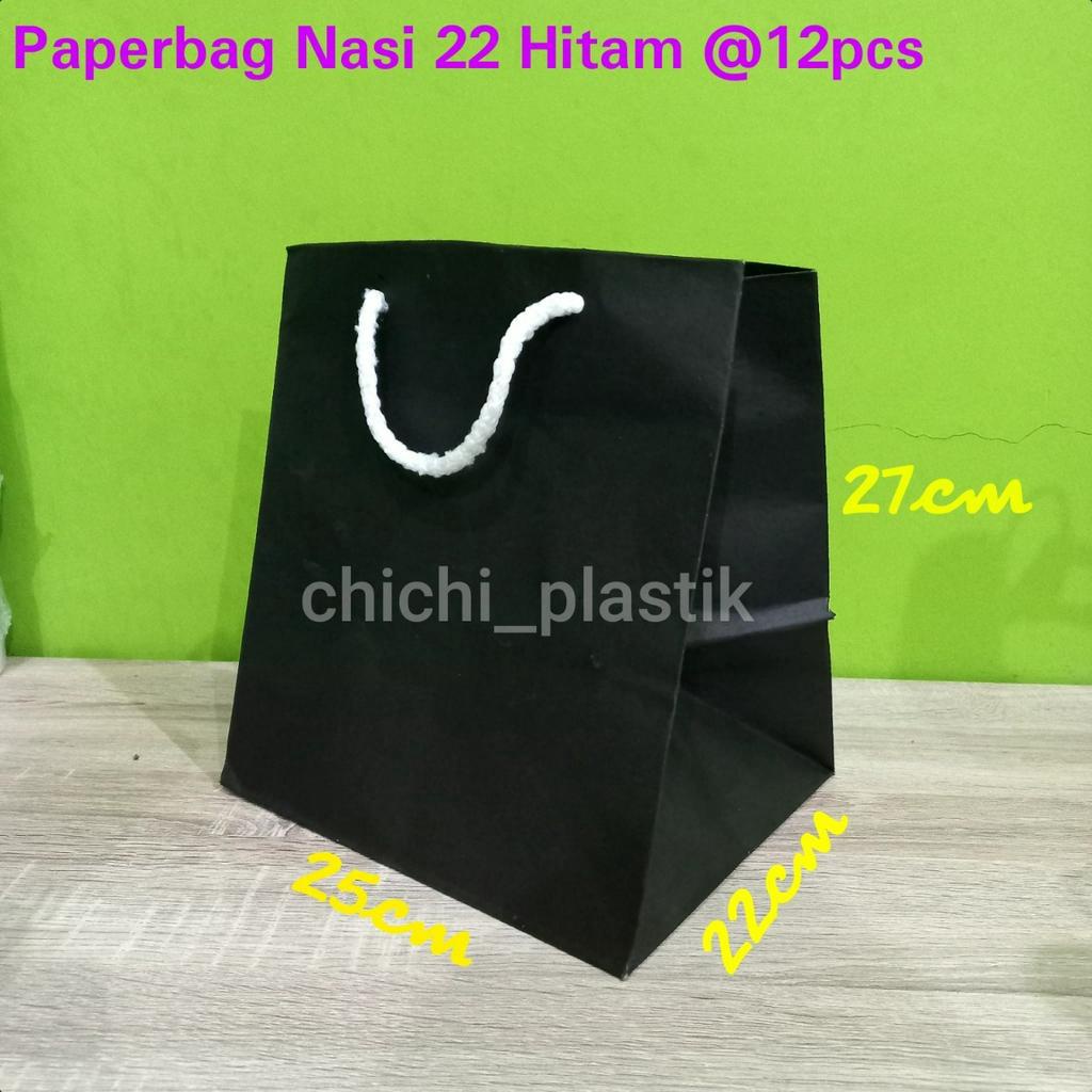 Isi 12pc Paperbag 22x22 HITAM lusinan / tas kertas polos hitam 22x22 / tas kertas batik / paperbag dus nasi