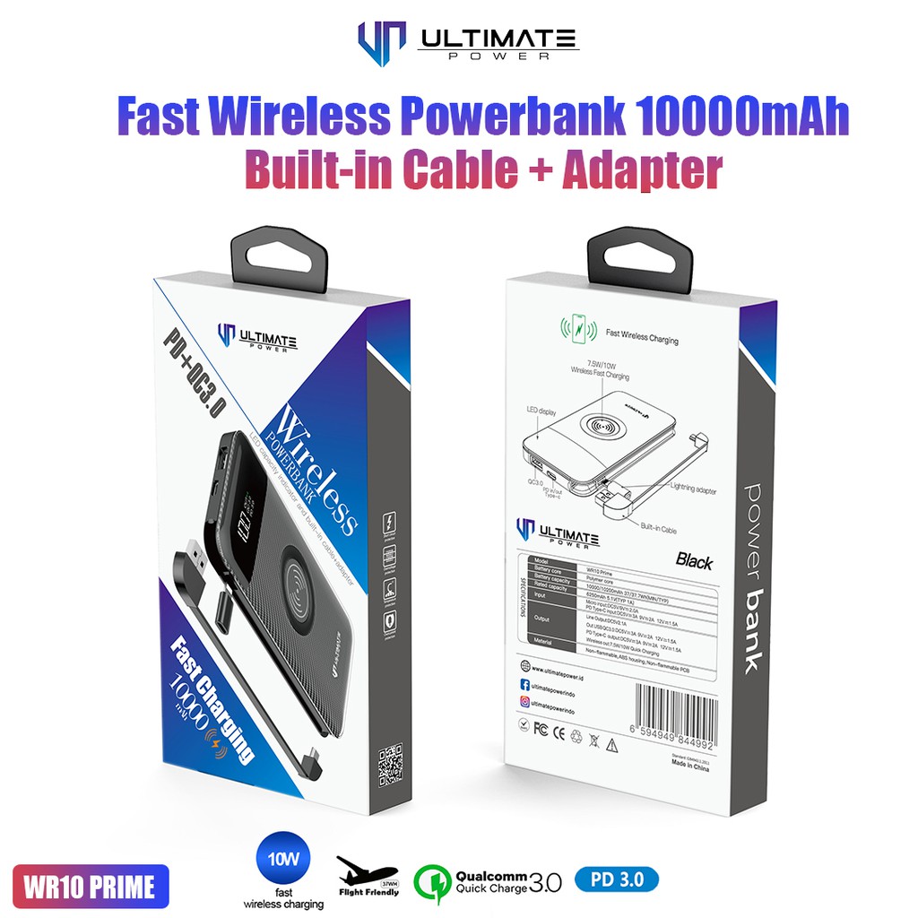 Ultimate Power WR10 Prime Fast Wireless Powerbank 10000mAh Built-In Cable + Adapter