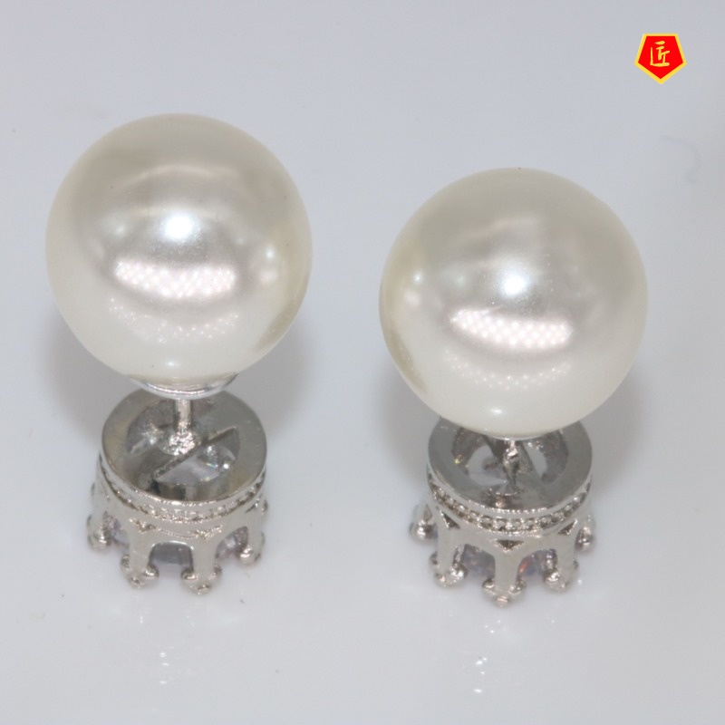 [Ready Stock]Women's Crown Pearl Diamond Temperament Silver Earrings