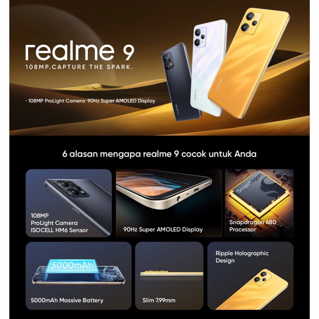 Realme 9 [6GB+128GB - 8GB+128GB] Snapdragon 680 | 108MP Triple Camera | 6.4&quot; Super AMOLED | 5000mAh | Garansi Resmi Realme 1 Tahun