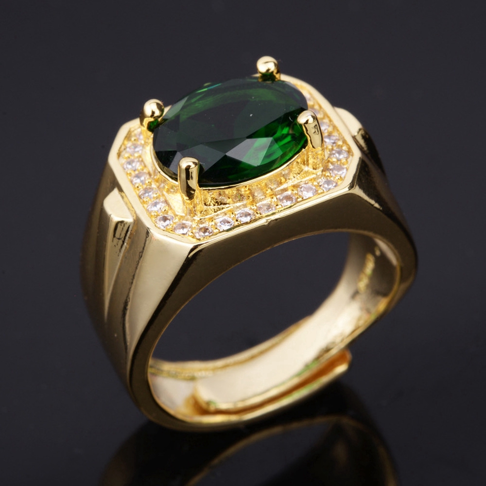 Cincin Baja Titanium Berlian Emerald Emas 18K Permata Kristal Hijau  Aksesoris Fashion Pria Wanita Pernikahan Gold Rings