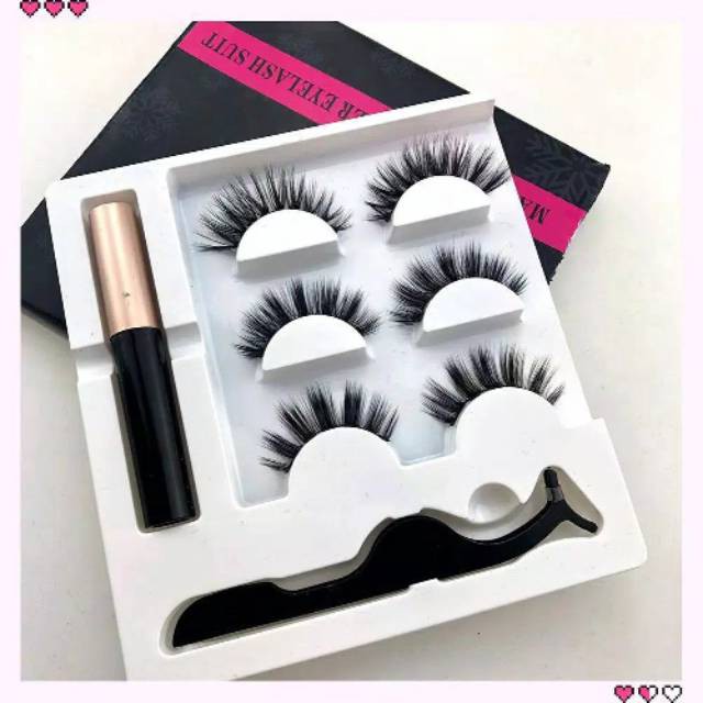 PAKET BULU MATA 3 Pairs Magnetic Eyelashs set Magnet Liquid Eyeliner Magnetic &amp; Tweezer Set Waterproof