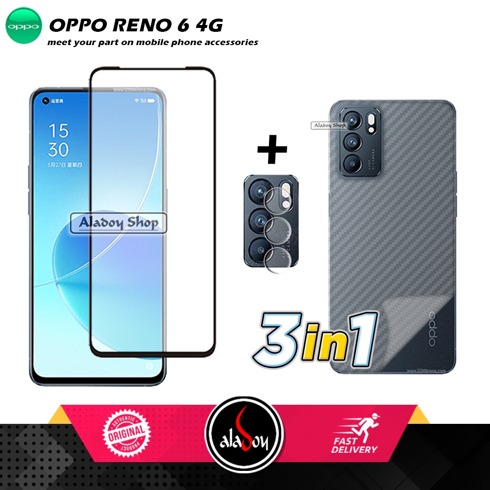 PAKET 3 IN 1 Tempered Glass Layar Oppo Reno 6 4G Free Tempered Glass Camera dan skin Carbon