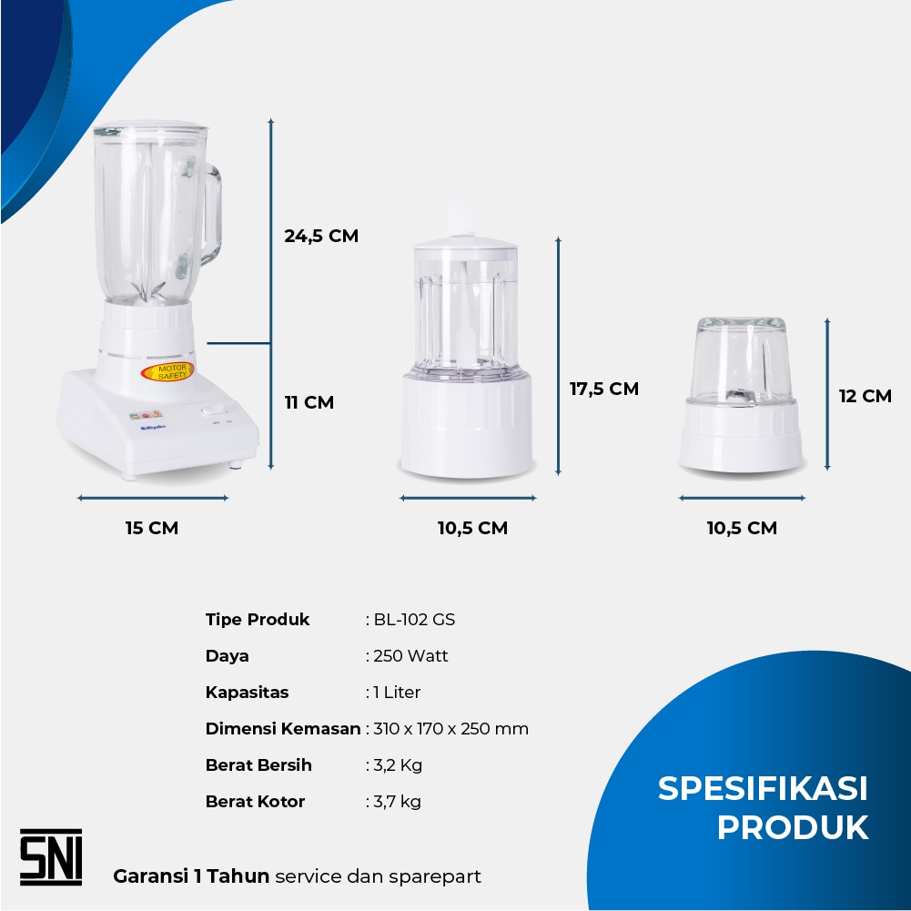 Blender Miyako 102 GS 1 Liter Kaca 3 In 1 Garansi Resmi