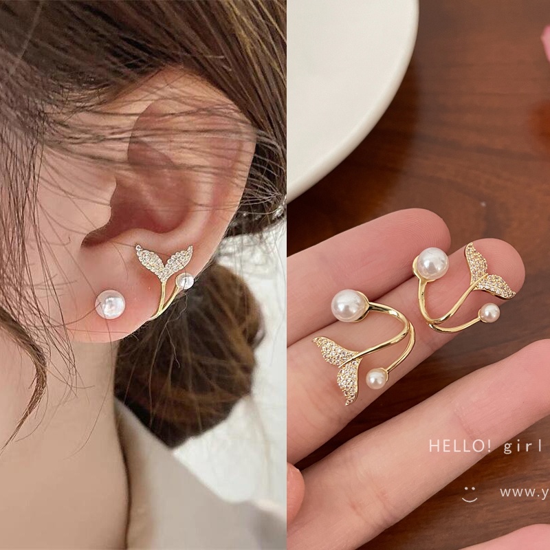 YEEZII Anting Stud Liontin Kupu-Kupu Hati Kristal Mutiara Warna Emas Gaya Elegan Untuk Wanita