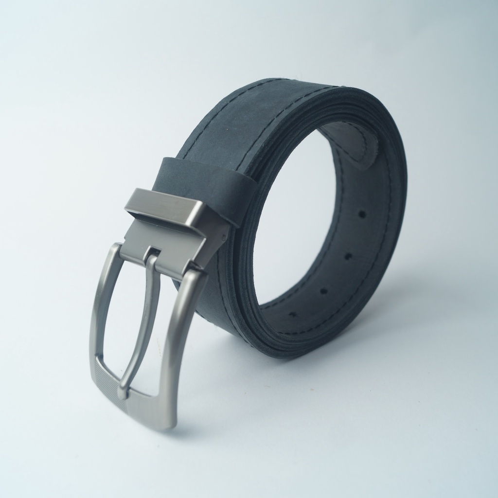 Ikat Pinggang Pria Kulit Asli Crazy Horse Machine Stitching Series Warna Full Black - Sabuk Pria Jumbo