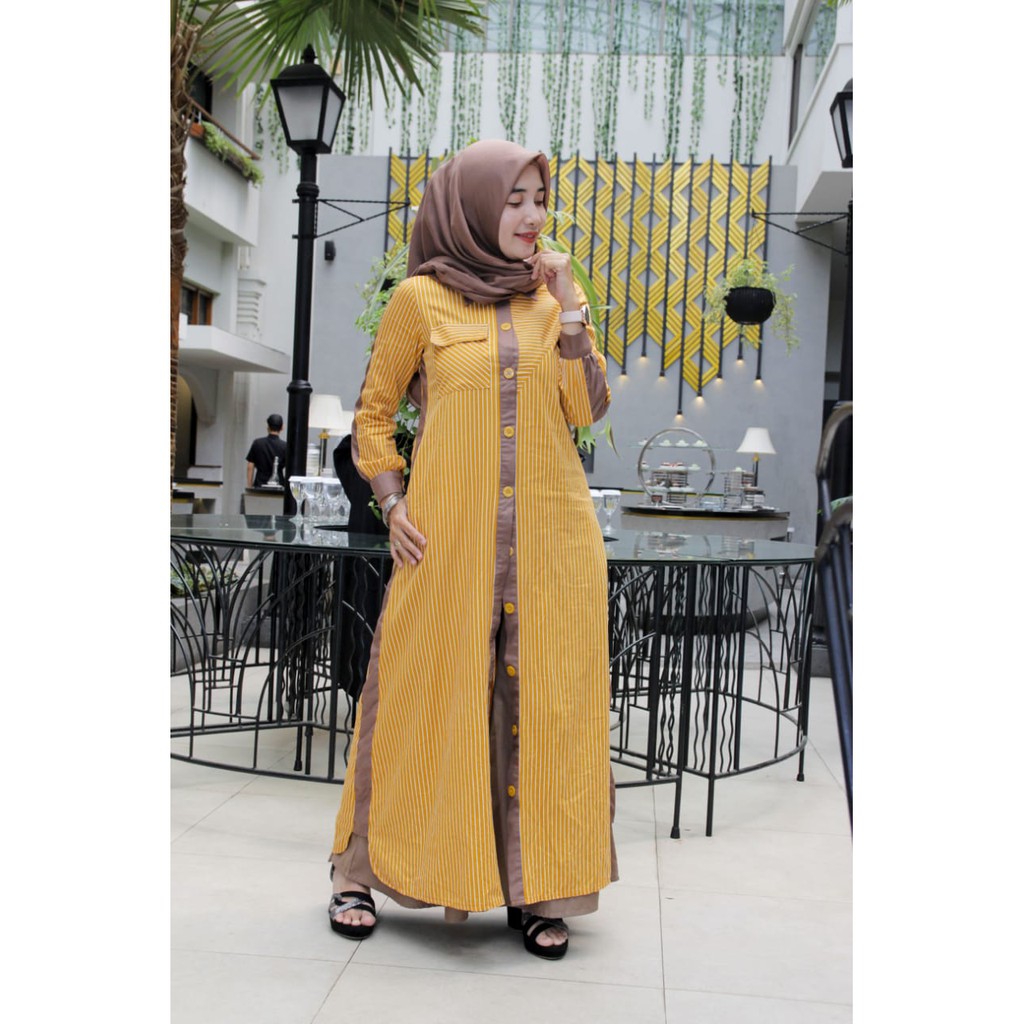 Baju Muslim Wanita - Dress Aliya - Gamis ZALIFA - Kuning list Coklat