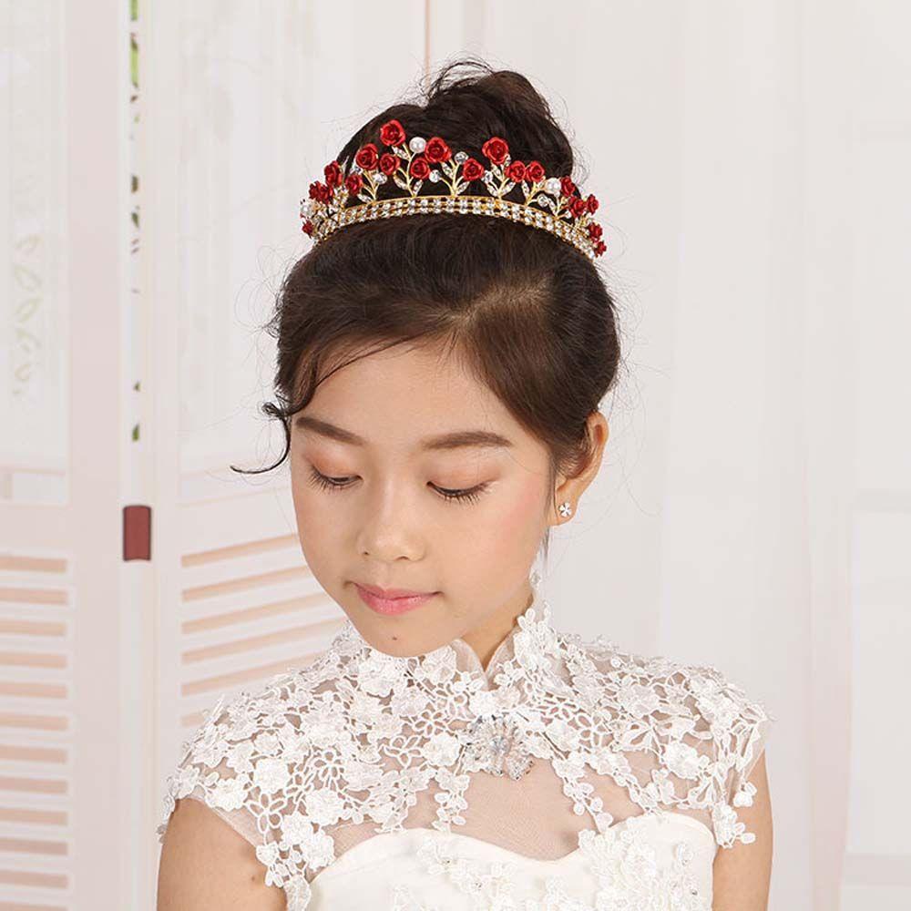 Needway Tiara Pengantin Perhiasan Pernikahan Vintage Warna Emas Bando Mawar Merah Berlian Imitasi Rambut Mahkota