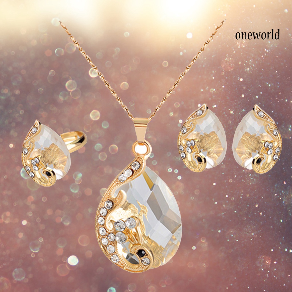 OW@ Jewelry Set Rhinestone Inlaid Temperament Alloy Exquisite Waterdrop Pendants Earrings Ring for Anniversary