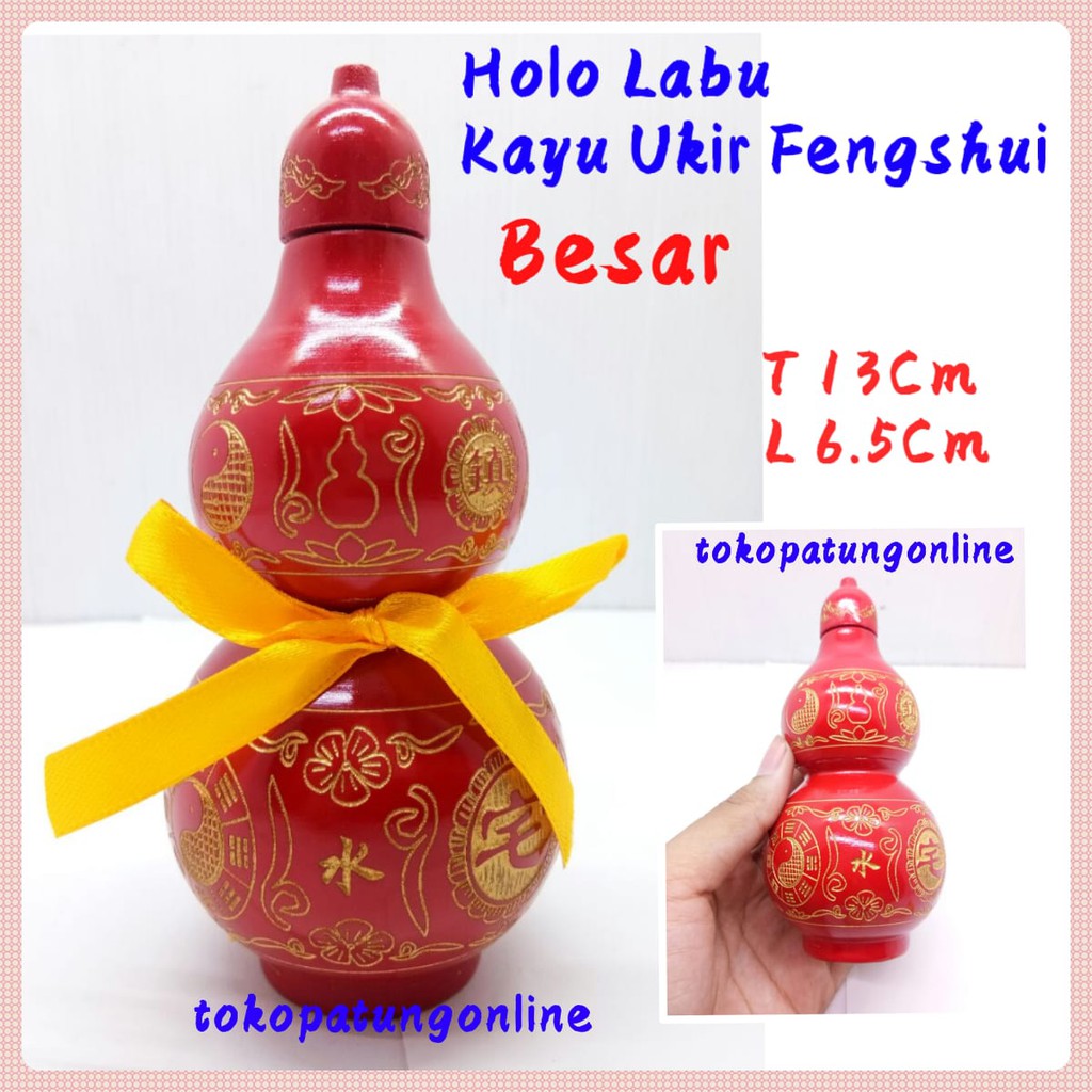 Holo Labu Kayu Ukir Fengshui Merah Besar