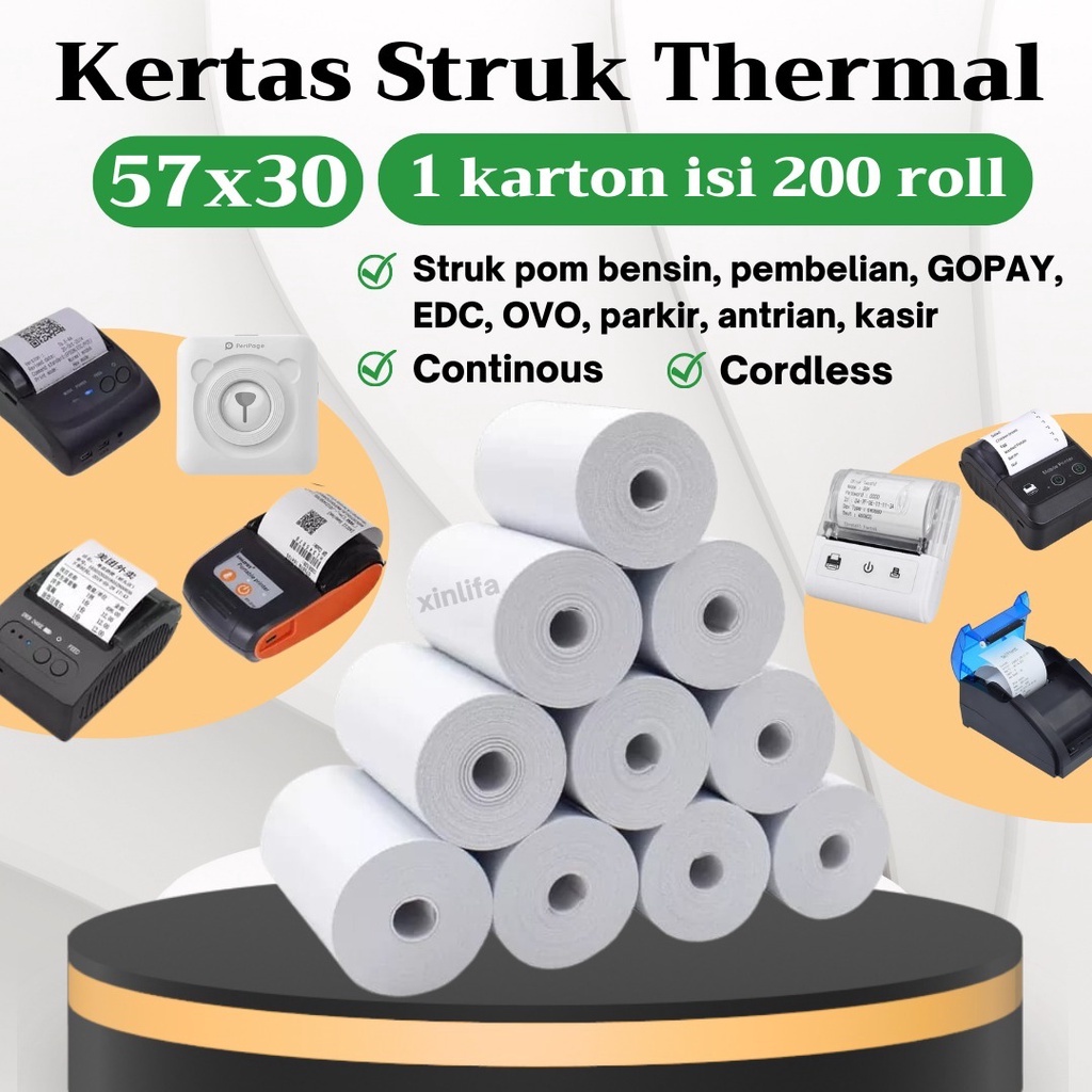 

Kertas Struk Kasir Paper Roll Termal 1 Karton 200 roll uk 57x30mm