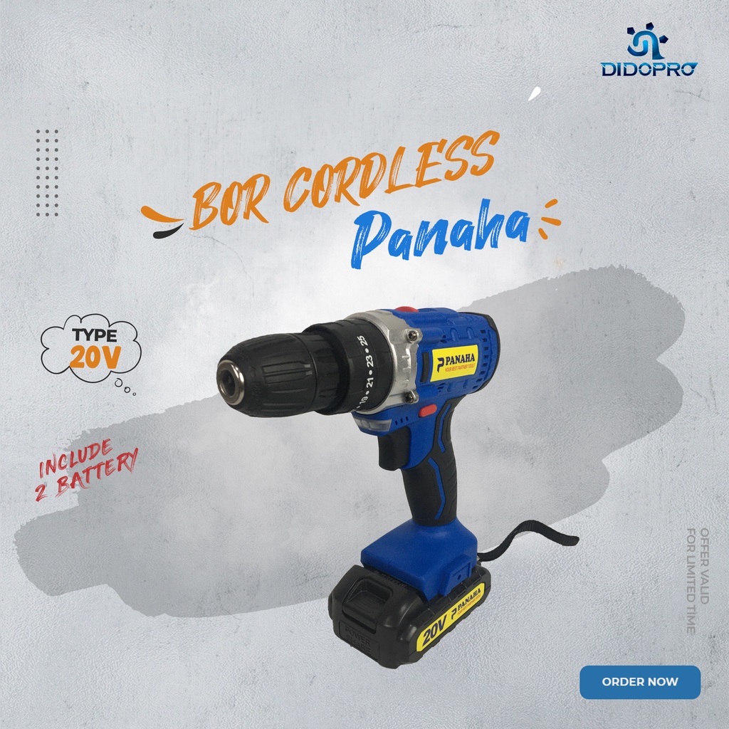 PANAHA 20V Cordless Impact Drill Set 20 V Bor Baterai Besi Kayu Obeng Tanpa Kabel