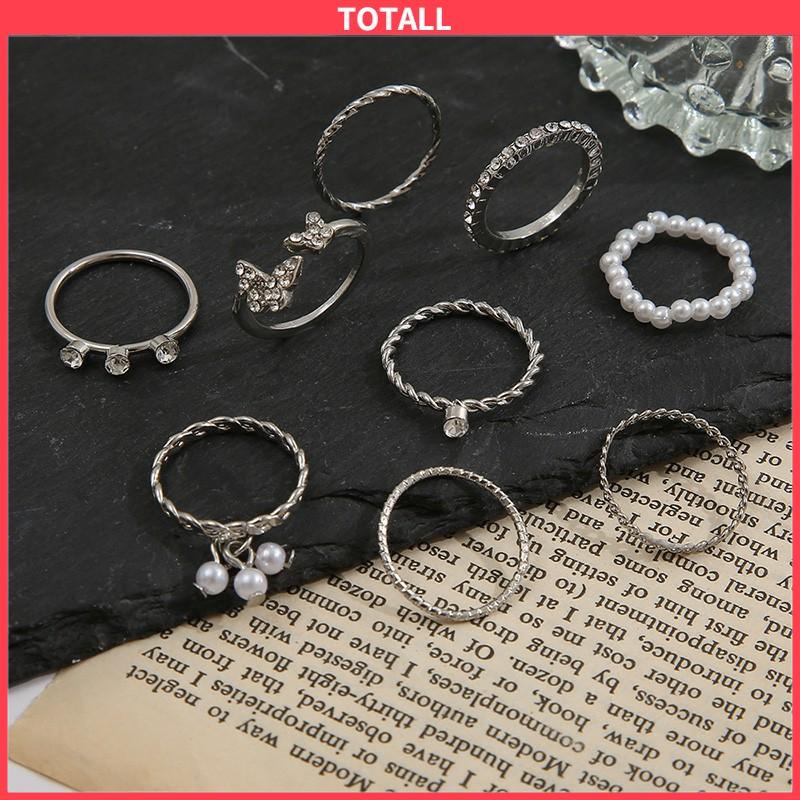 COD 9 PCS Wanita Tipis Berongga Mutiara Kristal Kupu-kupu Berlian Premium Knuckle Ring Set-Totall