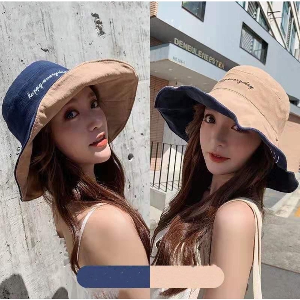 Topi Bucket korea / Bucket pantai Wanita Motif Bordir Smile Face untuk Outdoor bolak balik