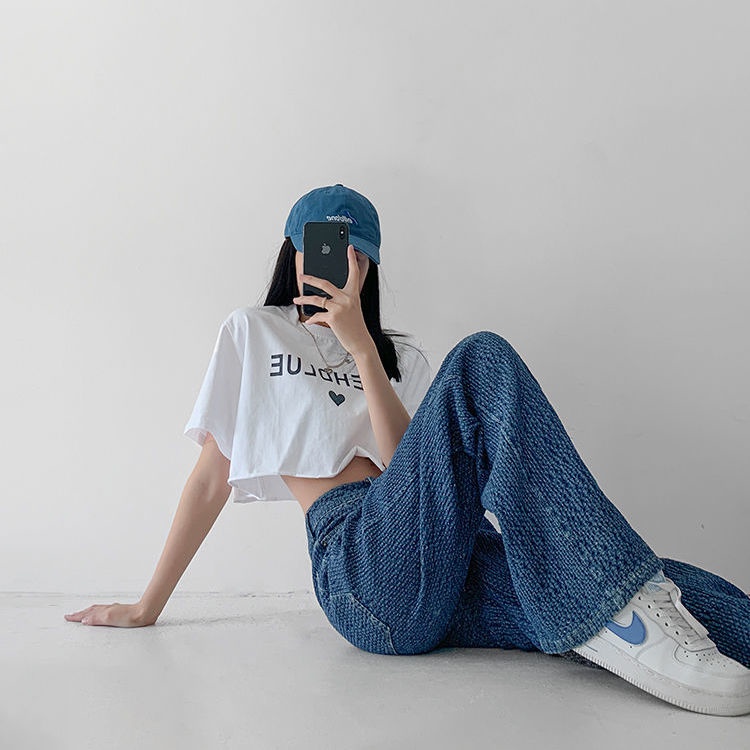 Musim semi hitam dan abu-abu anyaman denim lebar kaki celana berpinggang tinggi longgar dan tipis lurus drapey kasual pel celana wanita