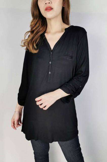 max big size solid black soft cotton roll sleeve tunic blouse