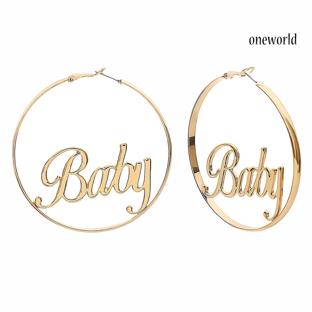 OW@ Women Geometric Femme Baby Letter Hollow Hoop Circle Earring Statement Jewelry