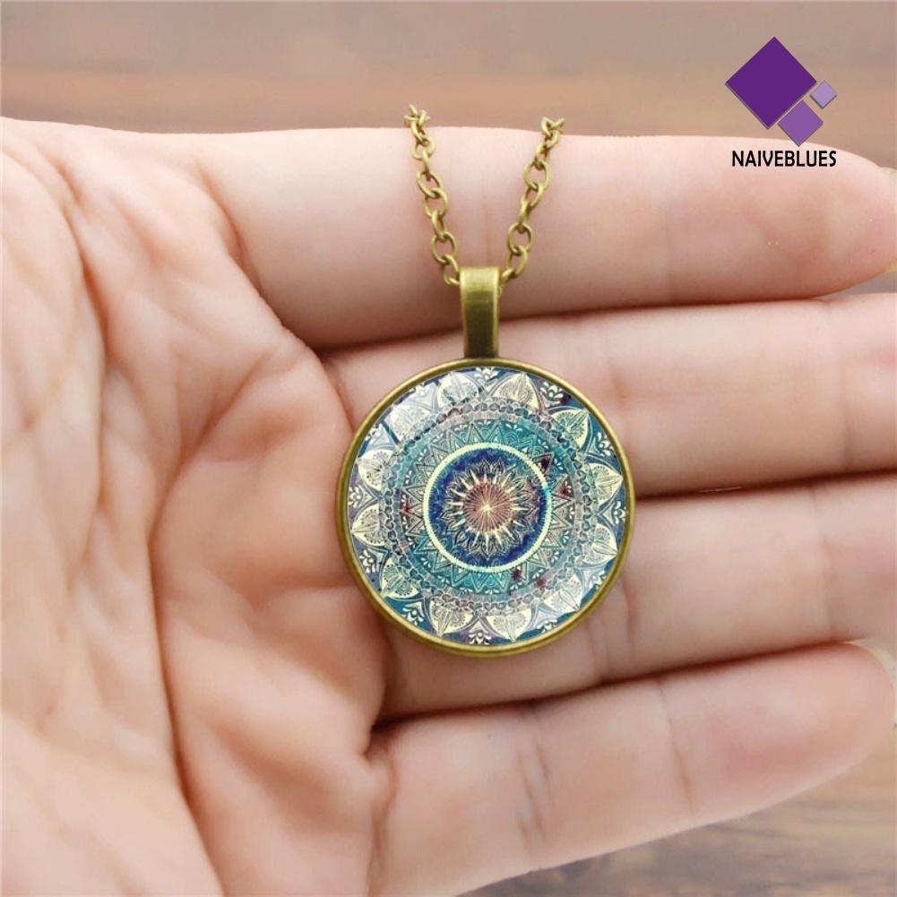 Kalung Rantai Liontin Cabochon Kaca Mandala Gaya Vintage Untuk Wanita