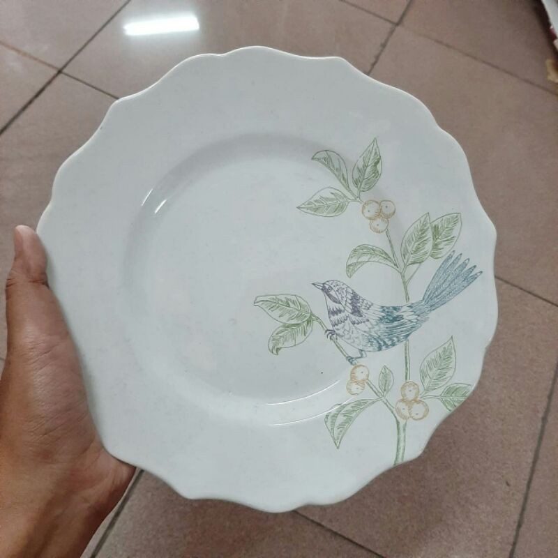 SALAD PLATE PIRING KERAMIK HIAS SANGO WARNA PUTIH MOTIF BURUNG BIRDY SIMPLE