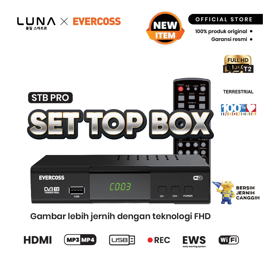 STB TV DIGITAL Luna X Evercoss Set Top Box PRO digital TV receiver Full HD terbaik berkualitas android tv tabung bergaransi U3W3