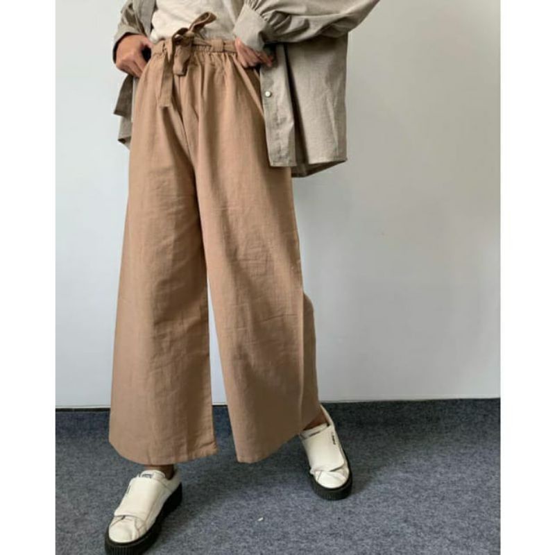 Celana Kulot Linen Rami Highwaist Pinggang Karet Wide Leg Cullote 552