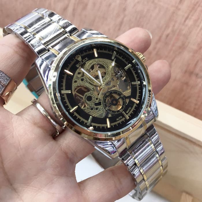 JAM TANGAN PRIA ROLEX AUTOMATIC SKELETON SILVER GOLD (BLACK)