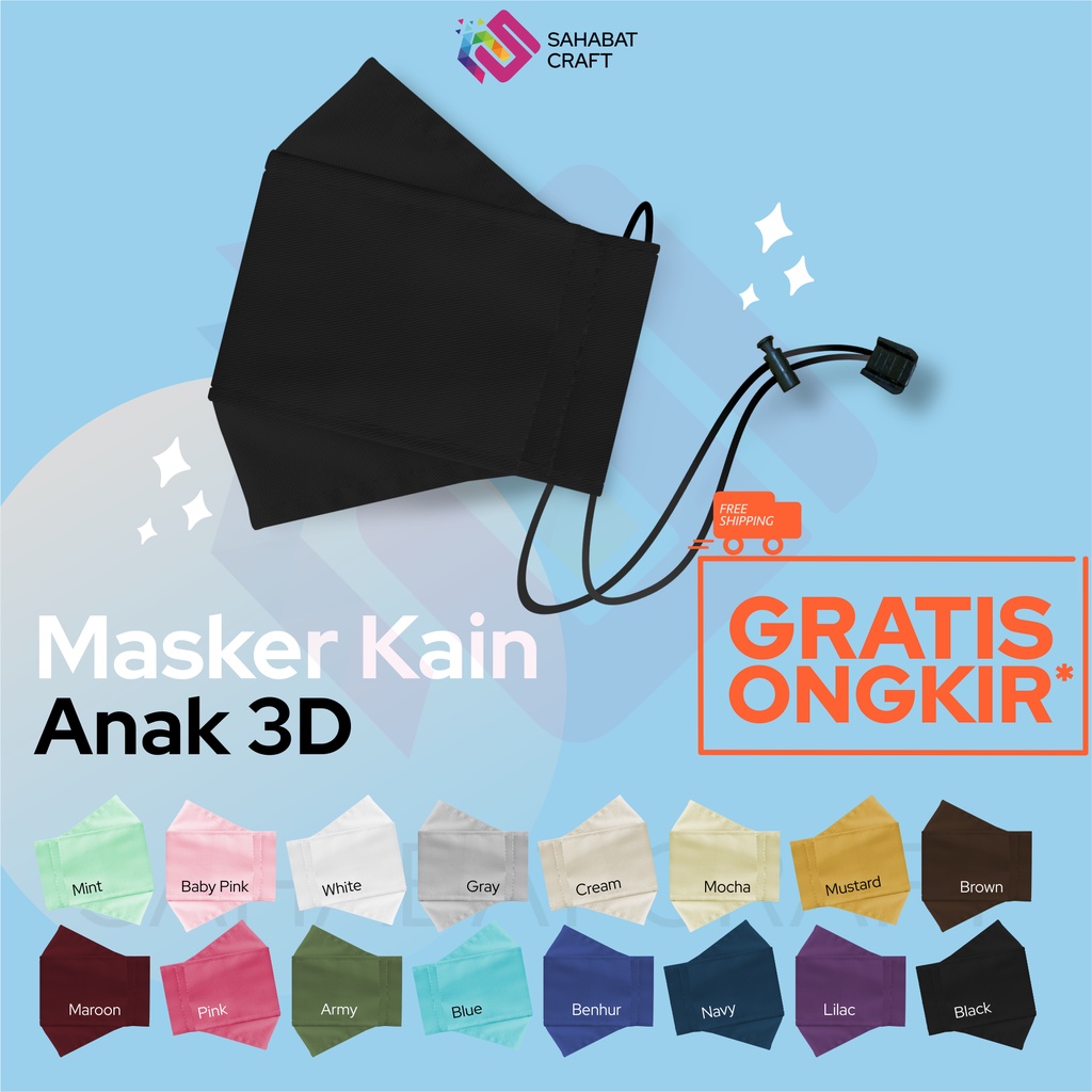 MASKER ANAK KAIN 3D | MASKER SEKOLAH KAIN POLOS 3D + 1 SLOT FILTER + ADJUSTABLE STOPPER TALI KARET W
