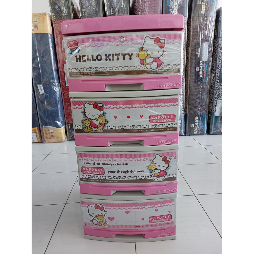 RAK PLASTIK LACI PLASTIK WARNA PINK HELLO KITTY NAPOLLY SUSUN 4