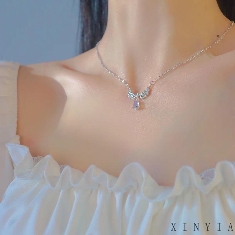 Kalung Rantai Desain Sayap Malaikat Bahan Alloy Untuk Wanita