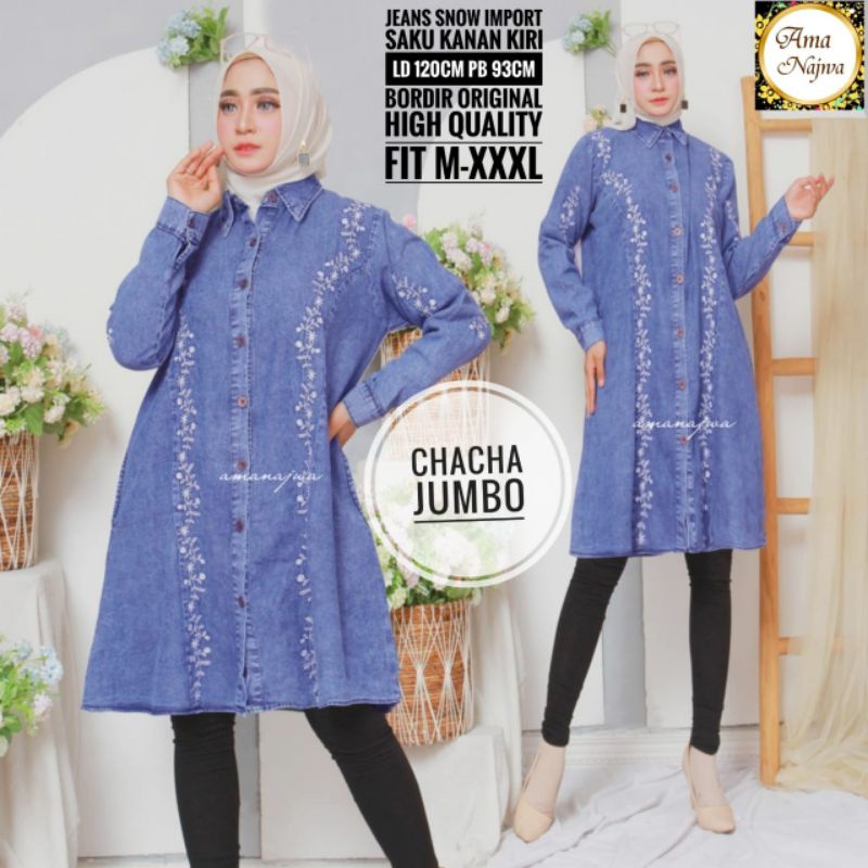 Chaca Long Tunik Jeans Bordir Bunga Ld 120 Jumbo Fit XXXL Busui Kancing Aktif By Amj
