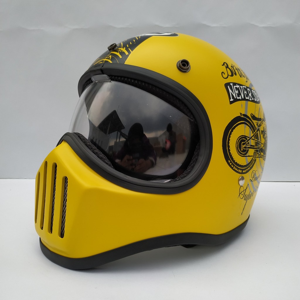 Helm Cakil HBC Born To Ride Yellow + Inner Visor ( Fullface / Retro / Klasik / Vespa )