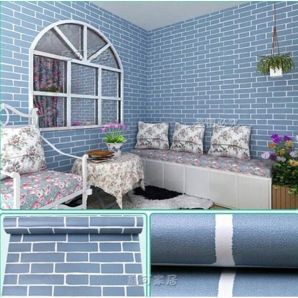 wallpaper stiker dinding bata biru tua ukuran 45cm x 5m