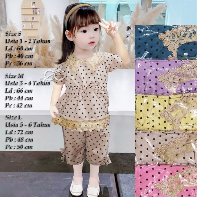 Setelan Anak Renda Brokat Motif Polkadot Soft Tali Serut 1 - 13 Tahun One Set 7/8