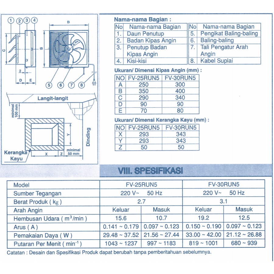 Exhaust Fan Dinding Panasonic FV30RUN 12&quot; 12 Inch 12IN Wall Ventilating Fan