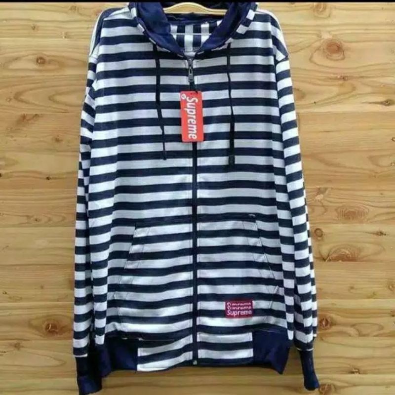 JAKET SALUR HOODIE  STRIP ZHIPER  GARIS BELANG RESLETING COTTON FLECCE L-XL-Navy