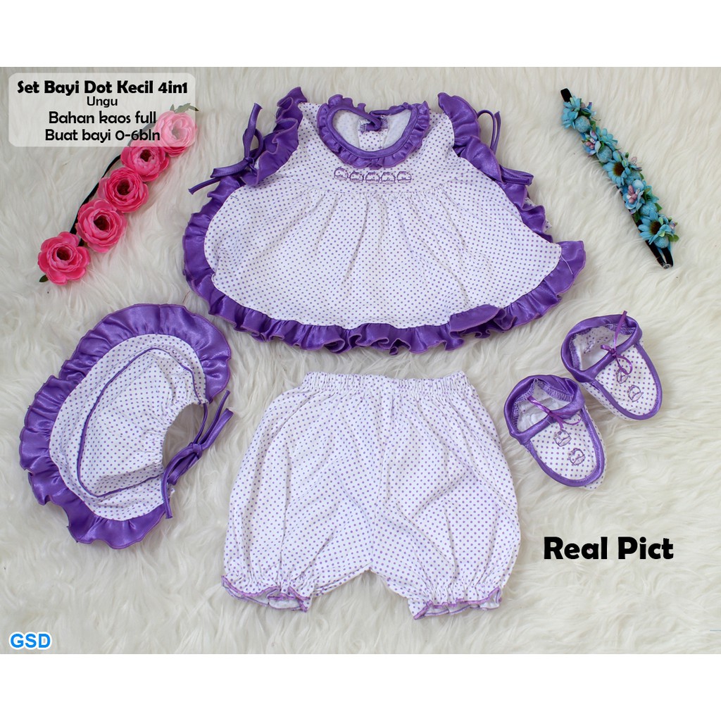 Set Bayi Dot Kecil 4in1/Setelan Baju Piyama Bayi 0-6 bln/Set Pakaian Baju Celana Sepatu Celemek Bayi