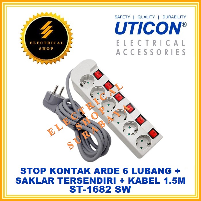 UTICON STOP KONTAK ARDE CP 6 LUBANG ST-1682SW + SAKLAR KABEL 1.5M (GROSIR) ST 1682 SW 1,5M 2P LOBANG