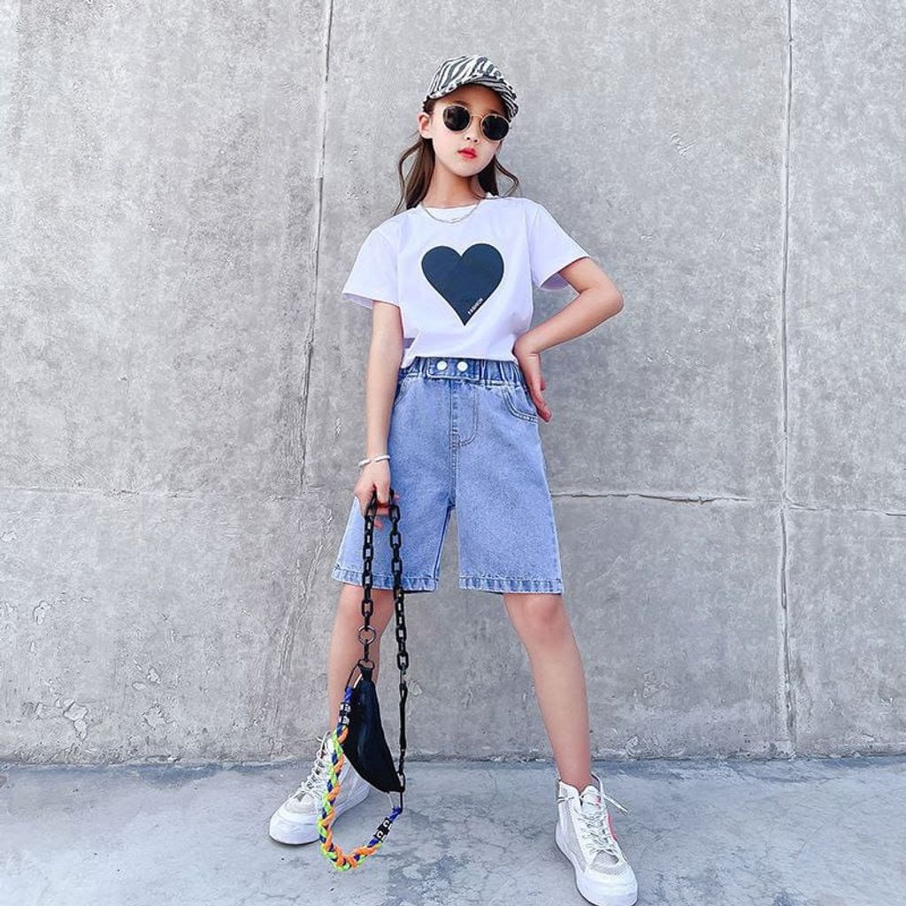 Baju Setelan Anak PErempuan Teenager Kaos Putih Love Celana Jeans Kado