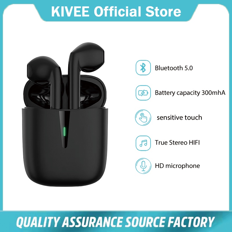 KIVEE Earphone TWS Bluetooth Headset Gaming Original True Wireless Stereo HIFI Noise Cancelling Waterproof-F black（populer🔥）