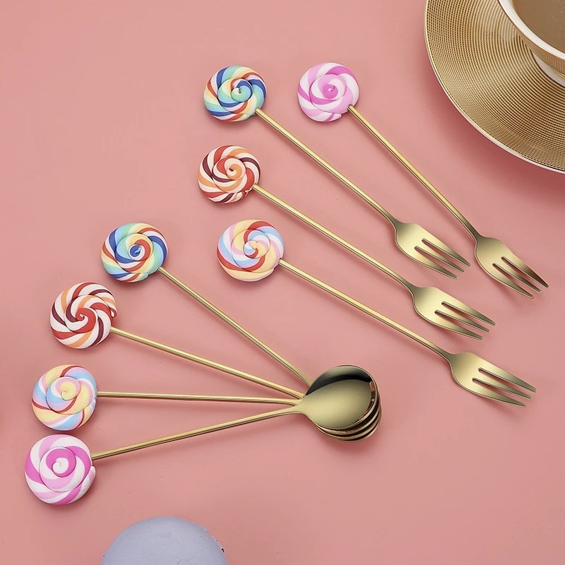 Stainless Steel Cute Lollipop Shape Spoon Fork With Long Handle /  Coffee Stirring Spoon Fruit Fork Dinnerware